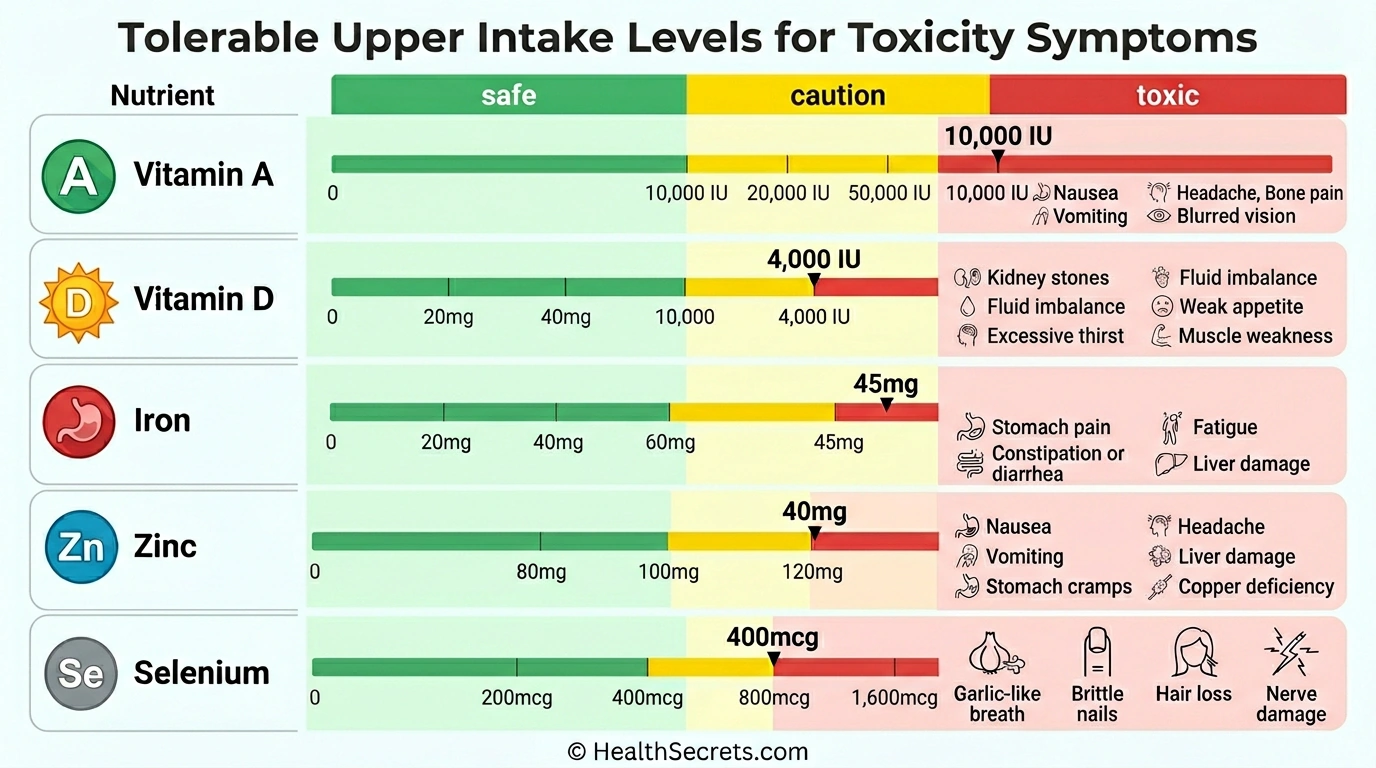 Chart showing tolerable upper intake levels and toxicity thresholds for common vitamins and minerals