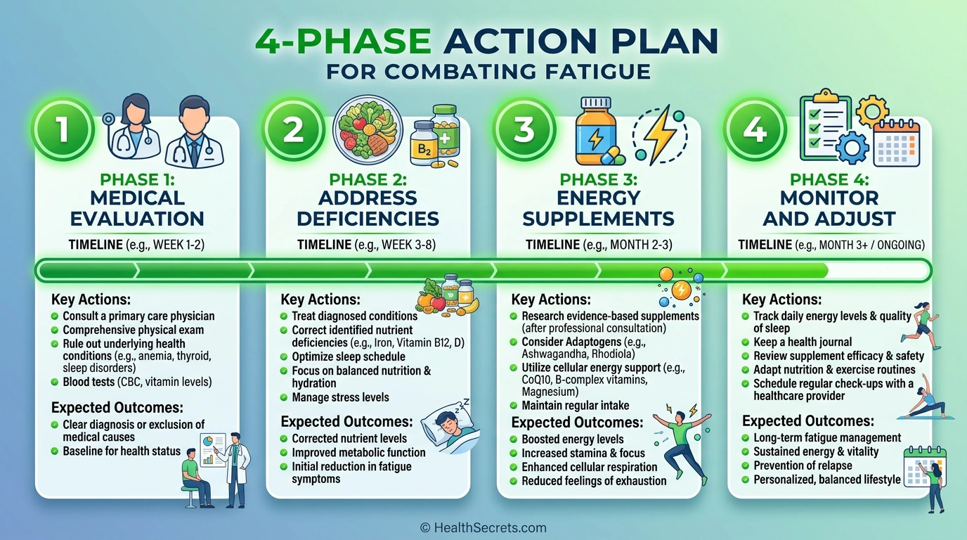Four phase action plan for combating fatigue naturally with medical evaluation supplements and monitoring