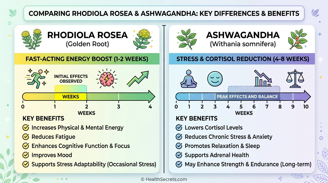 Rhodiola rosea vs ashwagandha comparison showing onset time benefits and best uses for energy and stress fatigue