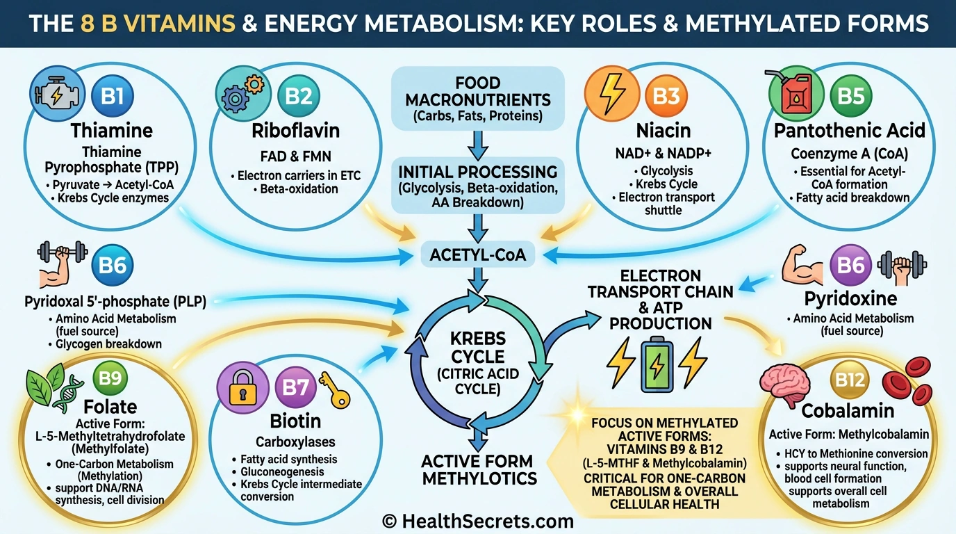 B vitamins energy metabolism infographic showing how methylated B12 folate and B6 support ATP production