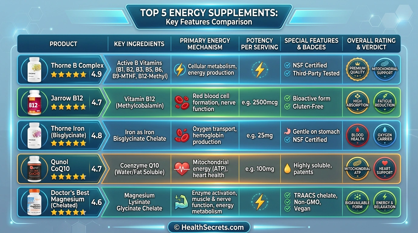 Visual comparison of top 5 energy supplements with dosage form and best use cases