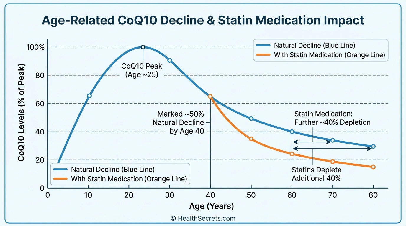 Graph showing CoQ10 levels declining with age and additional depletion from statin medications