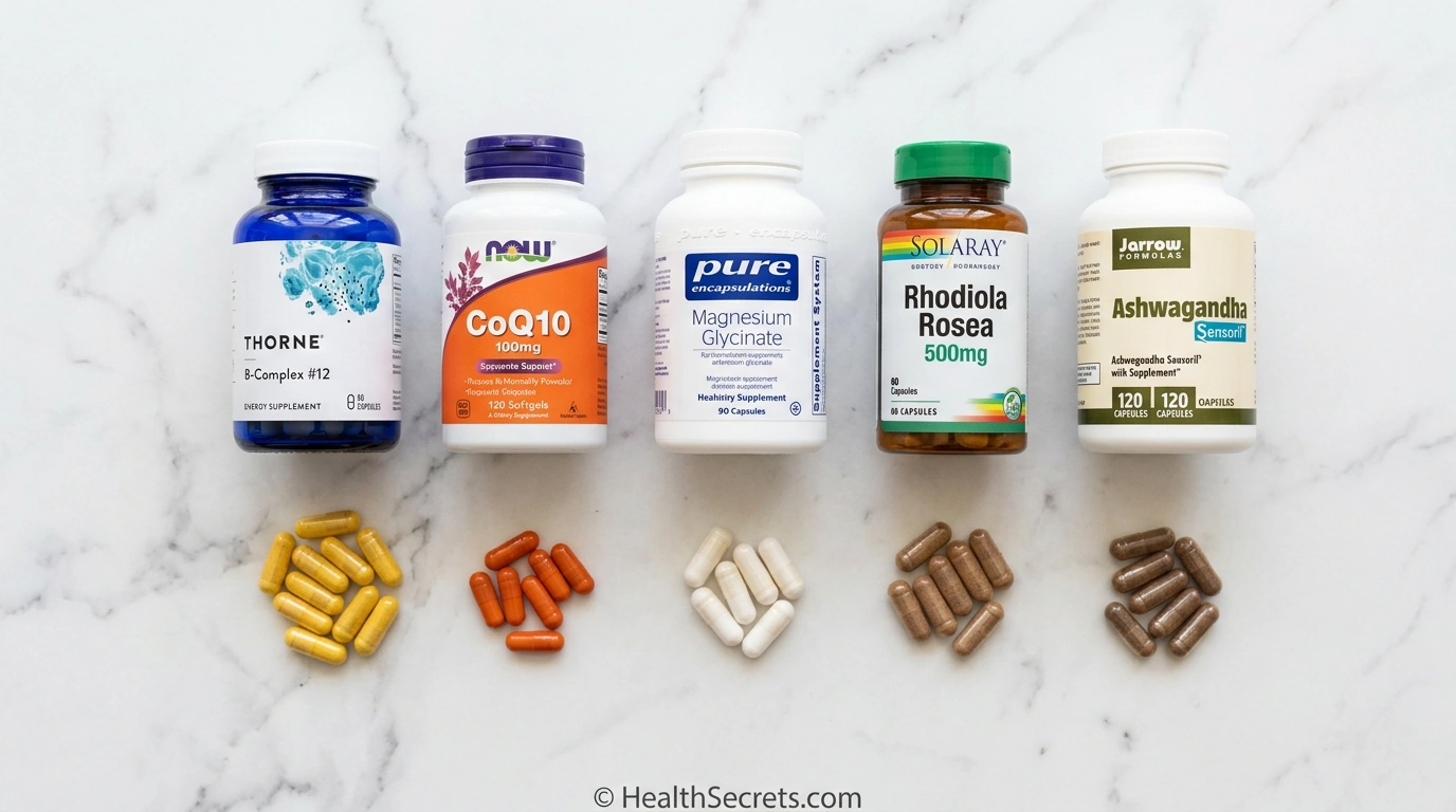 Top rated energy supplements including B complex CoQ10 ubiquinol magnesium glycinate and adaptogen capsules