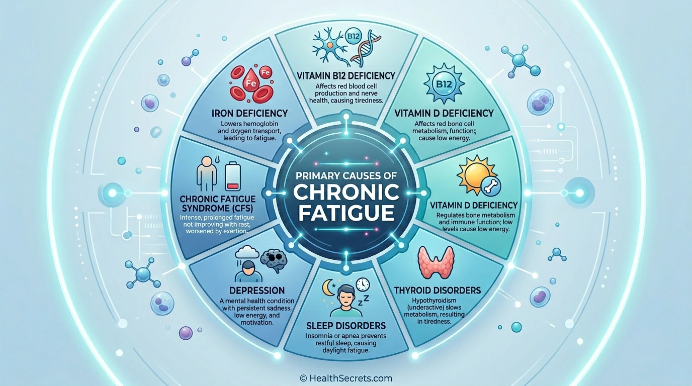 Infographic showing primary medical causes of chronic fatigue including iron deficiency thyroid disorders and sleep apnea