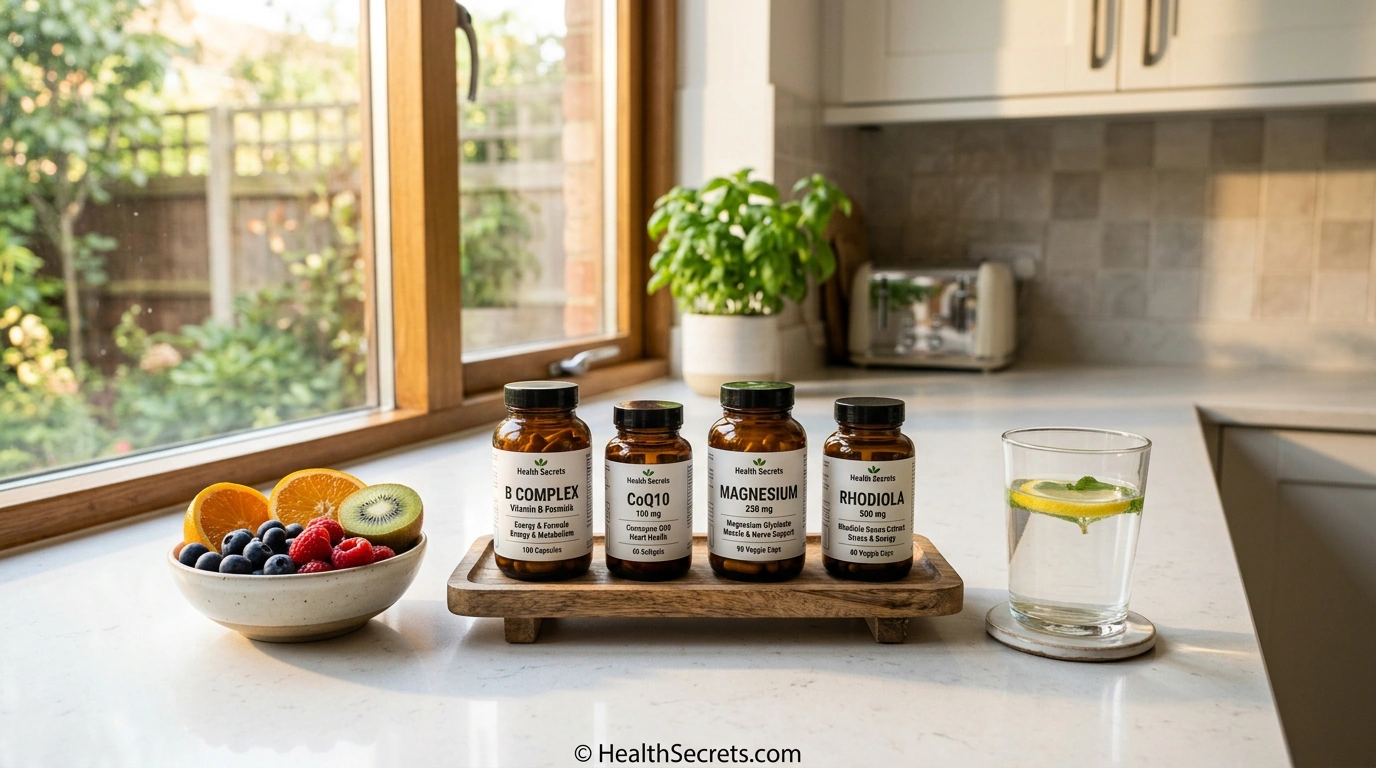 Best supplements for energy including B vitamins CoQ10 magnesium and rhodiola on kitchen counter