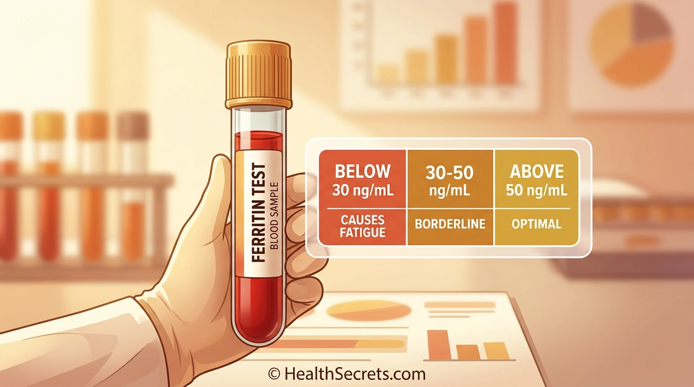 Ferritin blood test ranges showing optimal levels for preventing iron deficiency fatigue