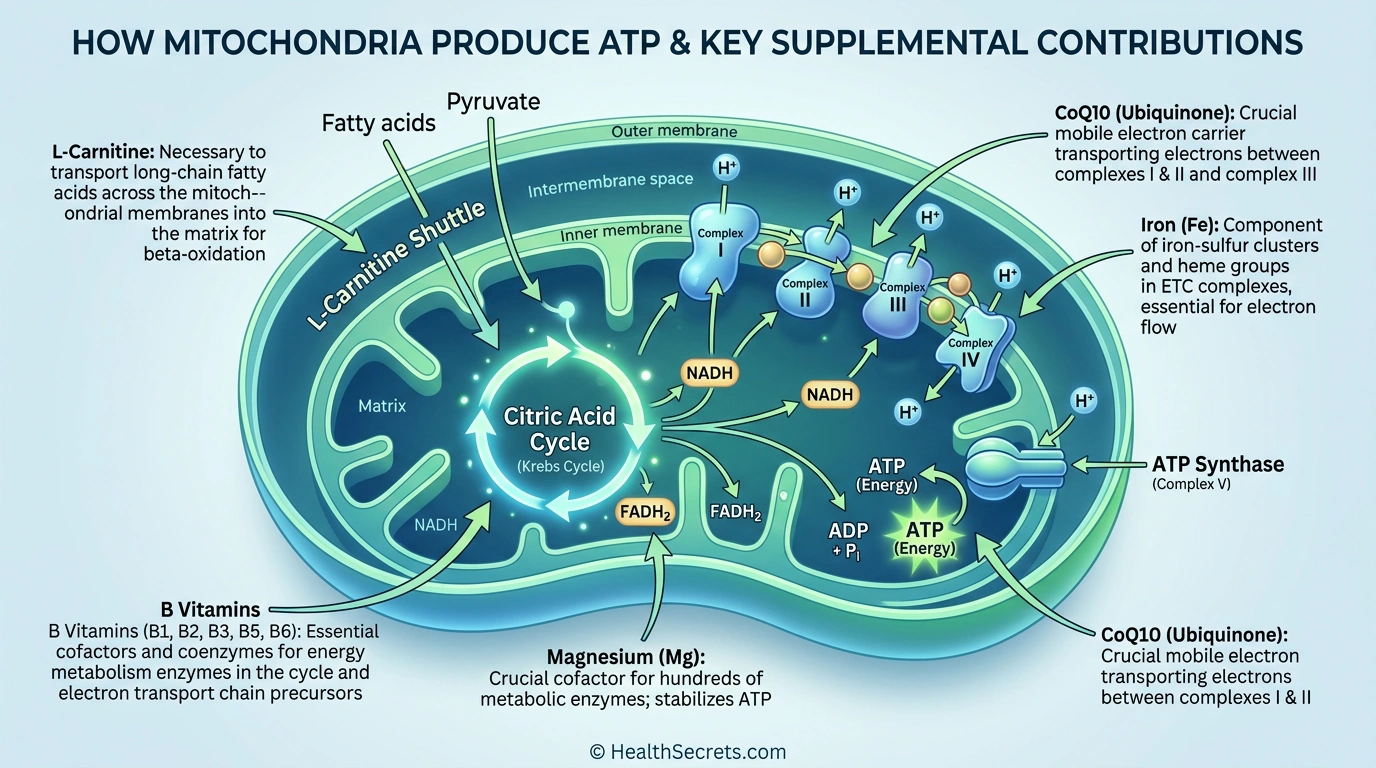 Mitochondrial energy production diagram showing how CoQ10 B vitamins magnesium and iron contribute to ATP synthesis