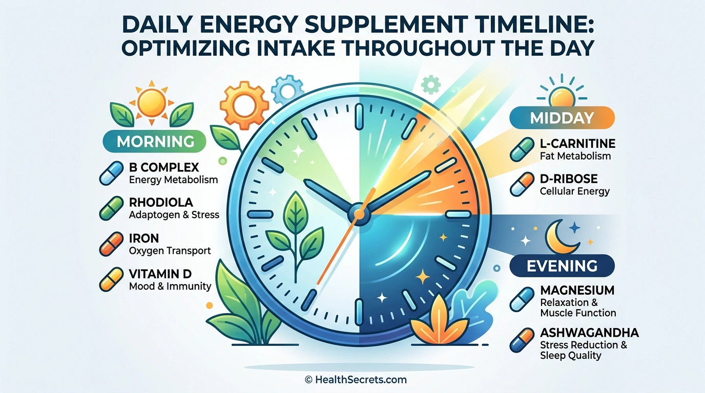 Energy supplement timing guide showing optimal times to take B vitamins CoQ10 magnesium rhodiola and other supplements