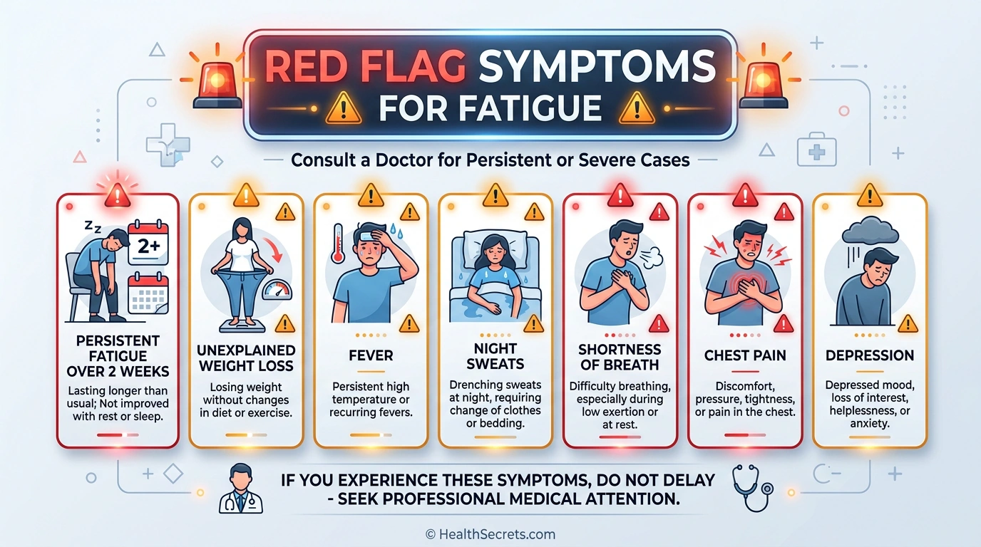 Red flag warning signs for fatigue that require seeing a doctor including persistent fatigue weight loss and shortness of breath