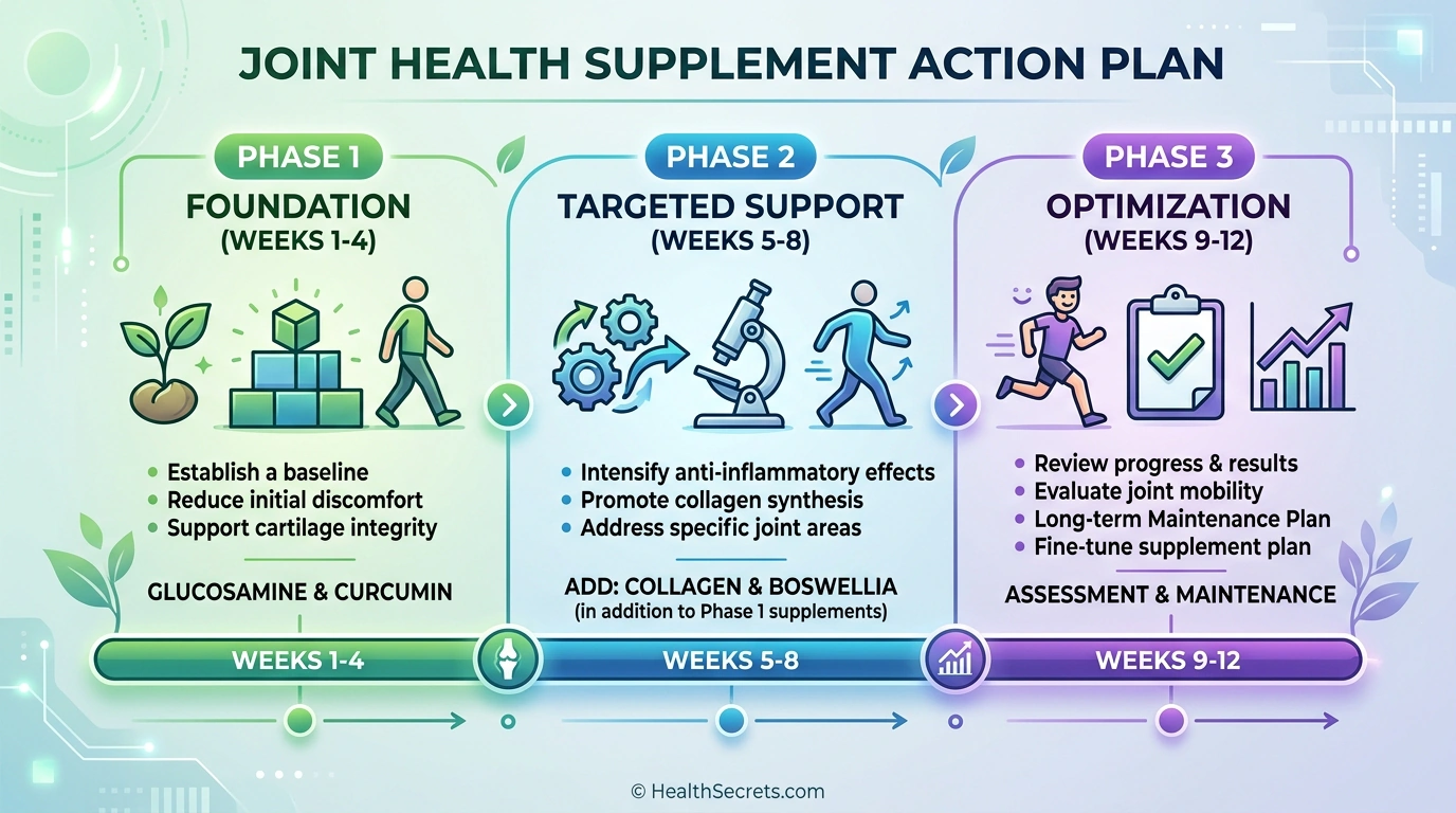 Three-phase joint health supplement action plan timeline showing foundation, targeted support, and optimization phases
