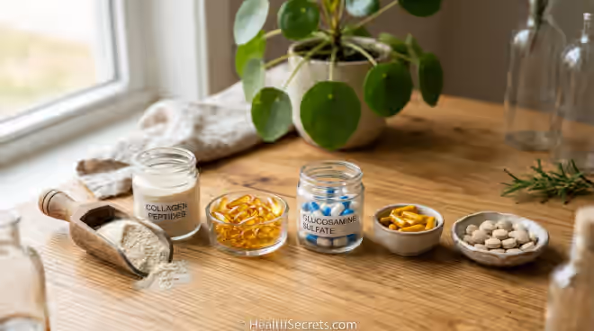 Best joint health supplements including glucosamine, turmeric curcumin, collagen peptides, omega-3 fish oil, and boswellia arranged on wooden surface