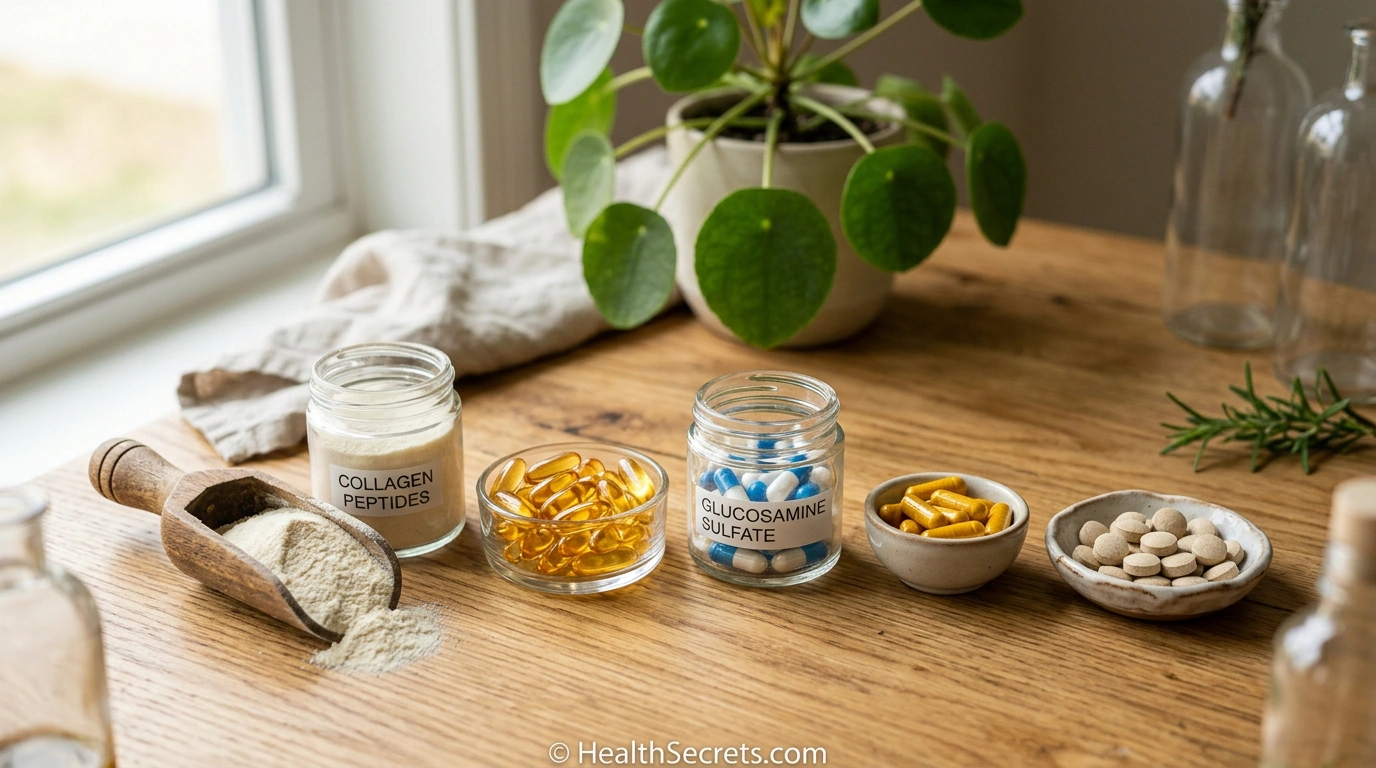 Best joint health supplements including glucosamine, turmeric curcumin, collagen peptides, omega-3 fish oil, and boswellia arranged on wooden surface