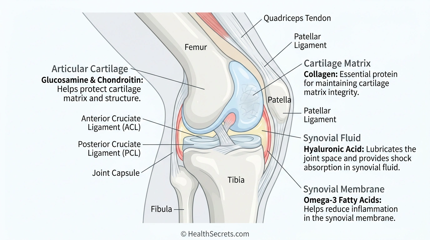 Anatomical illustration of knee joint showing where joint supplements like glucosamine, omega-3, and collagen work