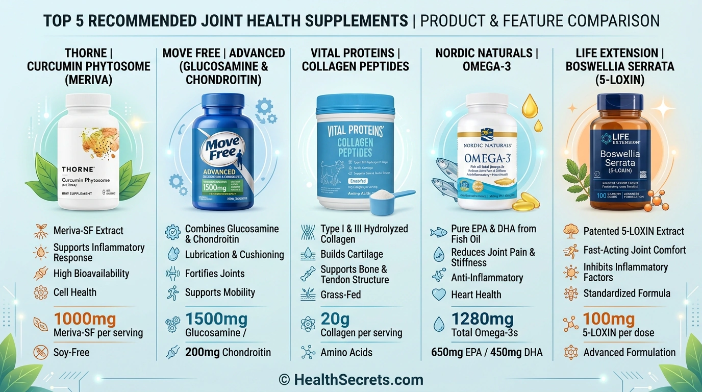 Visual comparison of top five recommended joint health supplement products with key features and ratings
