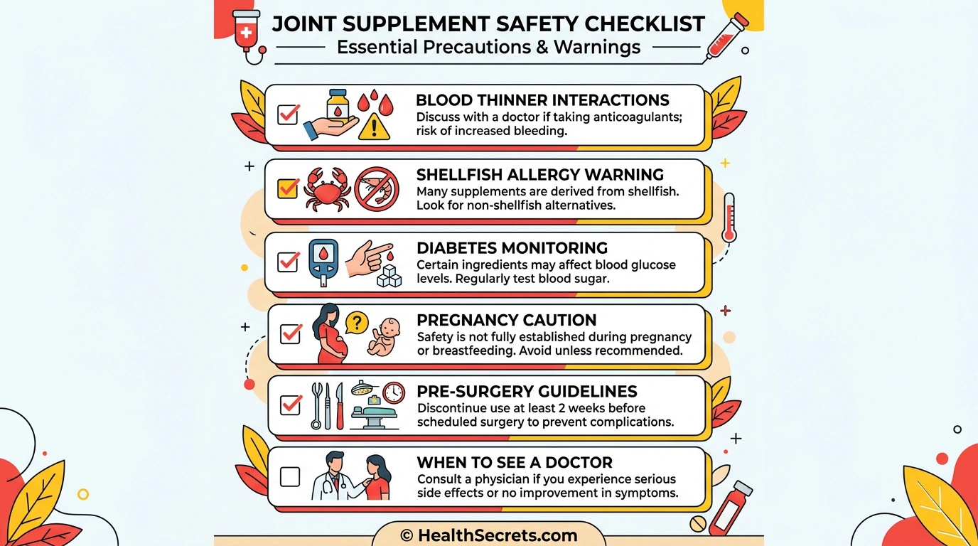 Safety precautions checklist for joint health supplements showing drug interactions, allergies, and medical conditions requiring caution