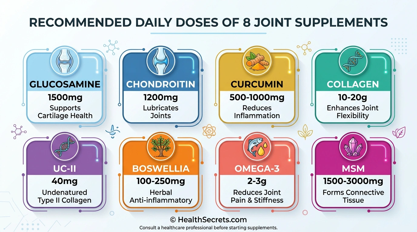 Dosing chart showing recommended daily doses for eight evidence-based joint health supplements