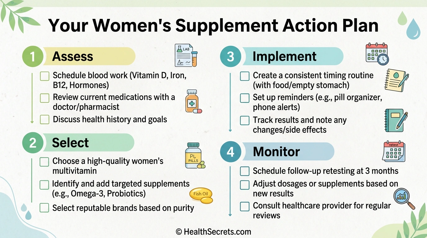 Four-phase action plan checklist for starting a women's supplement routine