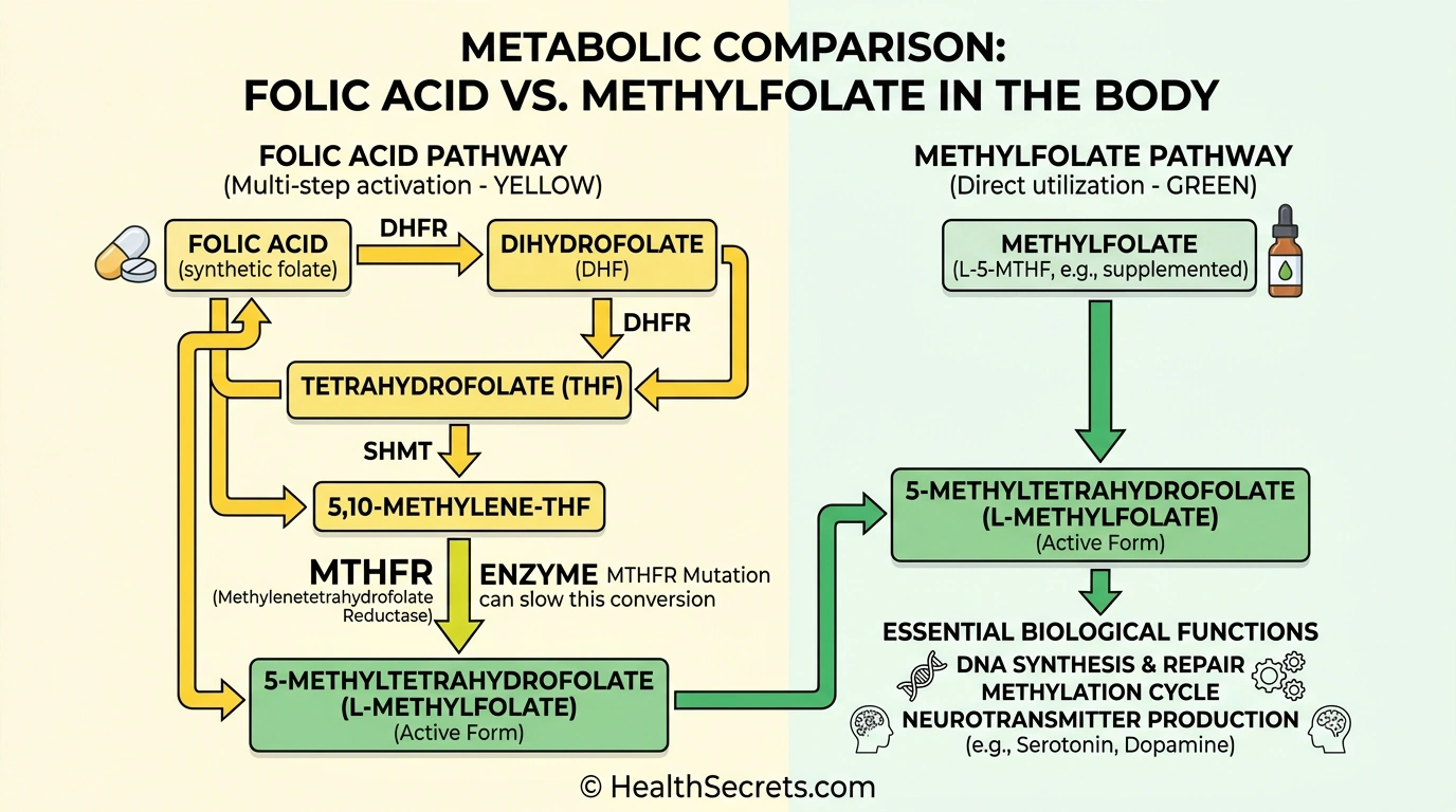 Diagram comparing folic acid and methylfolate metabolic pathways showing MTHFR enzyme step