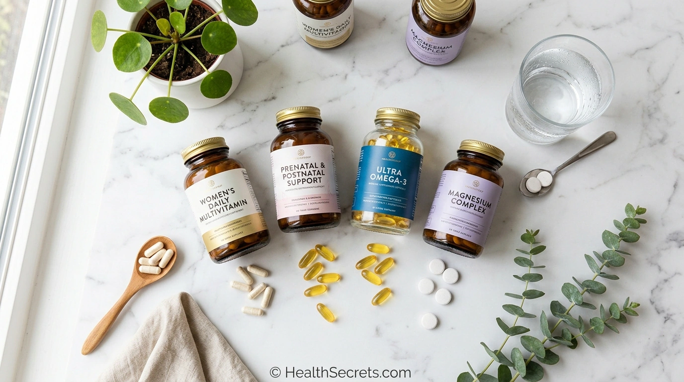 Flat-lay of women's health supplements including multivitamins, prenatal vitamins, omega-3, and magnesium on marble surface