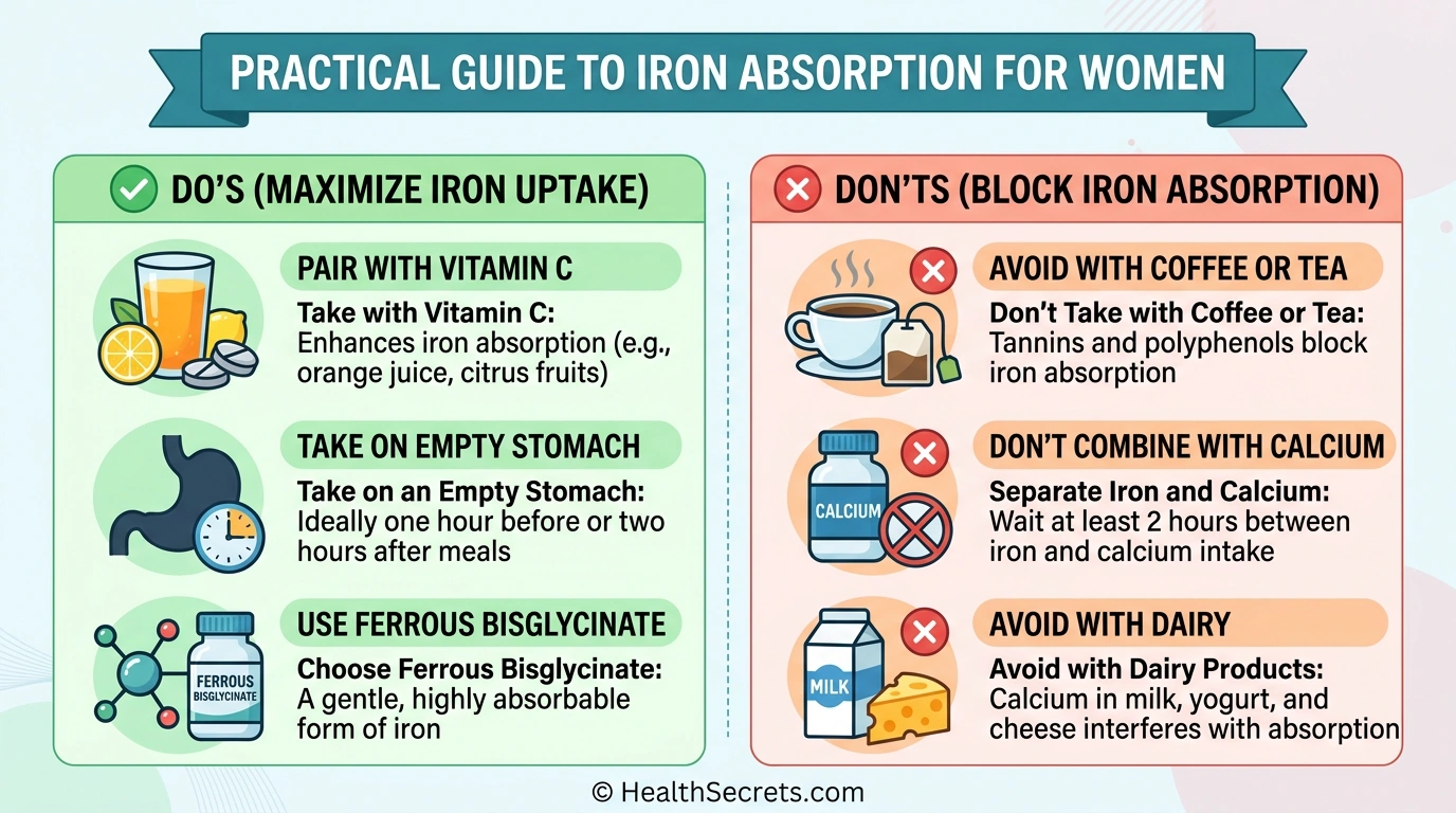 Iron absorption tips for women showing what helps and what blocks iron supplement absorption