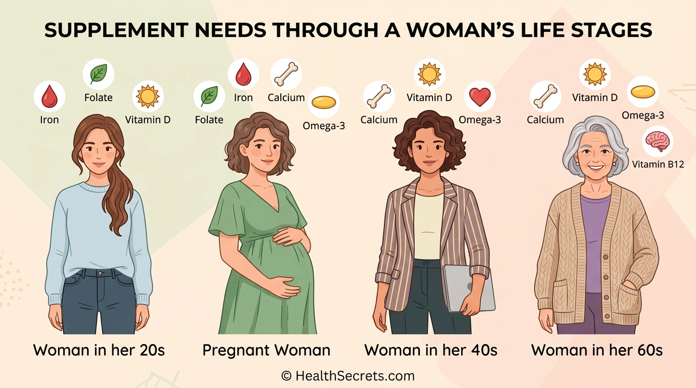 Illustration of women at four life stages with their essential supplement needs labeled