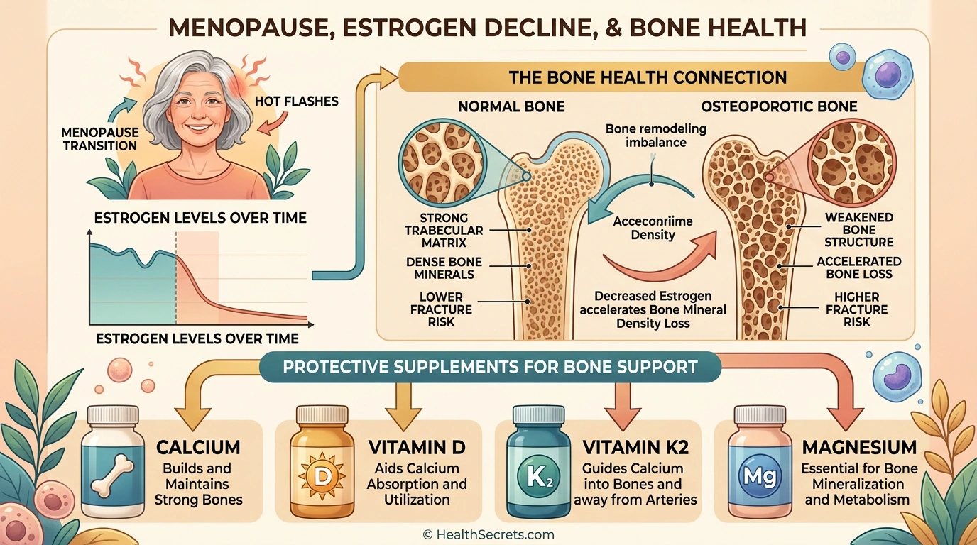 Illustration showing how menopause affects bone density and which supplements support bone health
