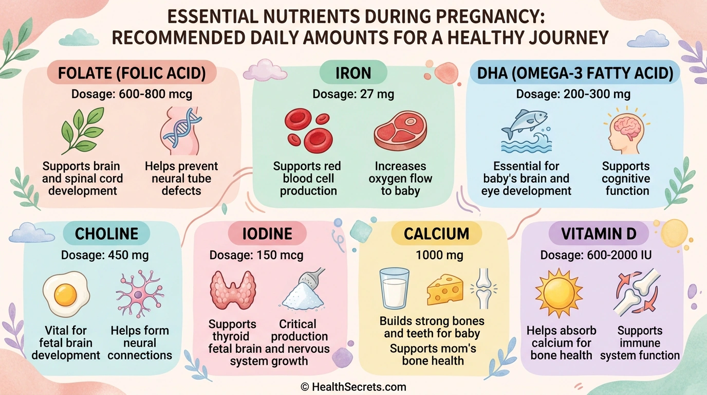 Infographic of essential prenatal nutrients with recommended daily amounts during pregnancy