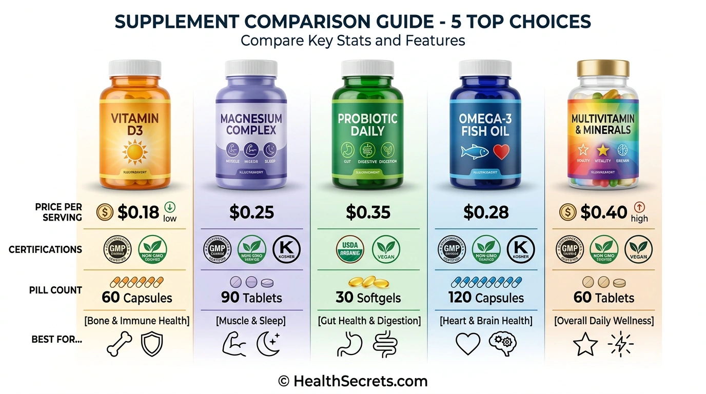 Visual comparison of top five women's supplement products with price certification and key features