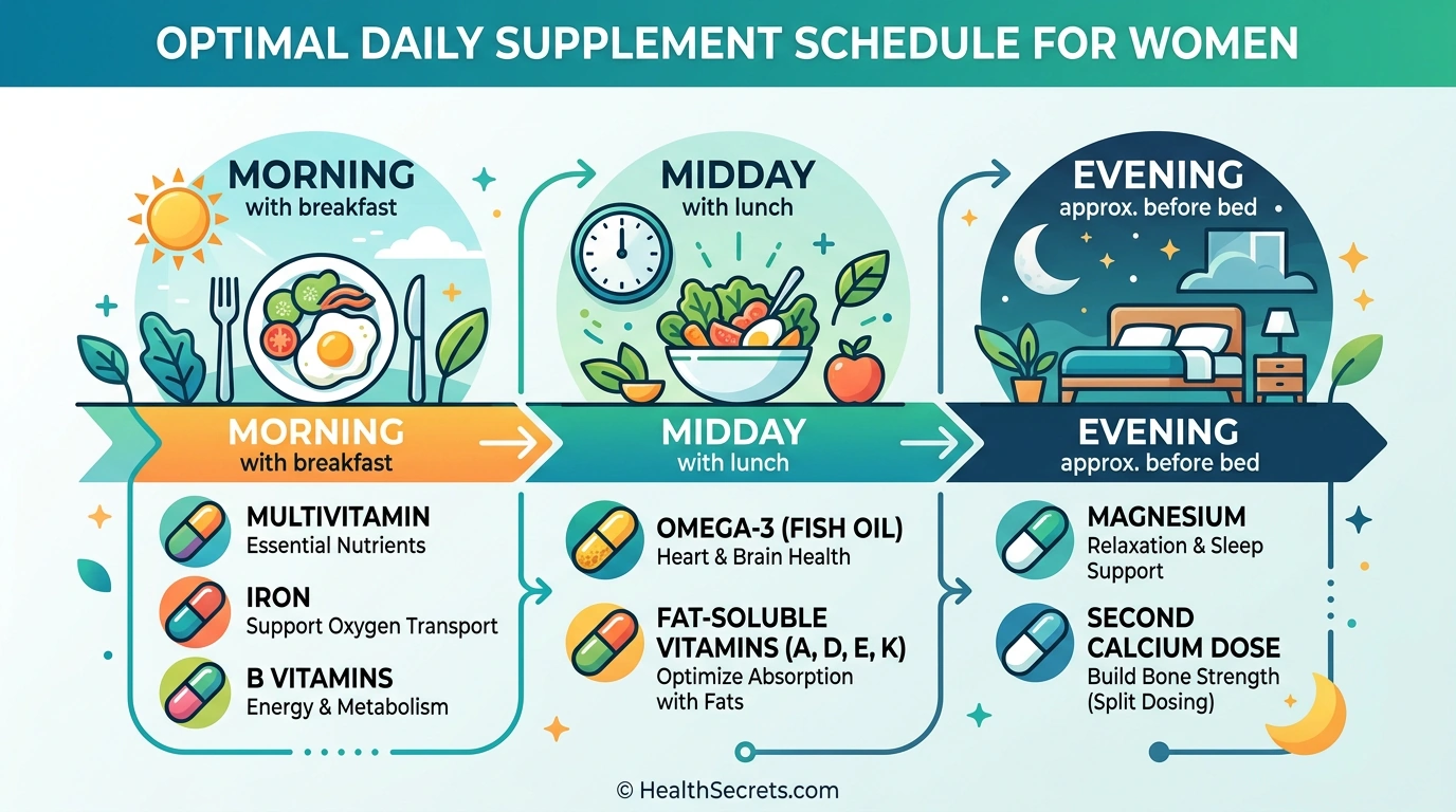 Infographic showing optimal daily timing for women's supplement intake morning noon and evening