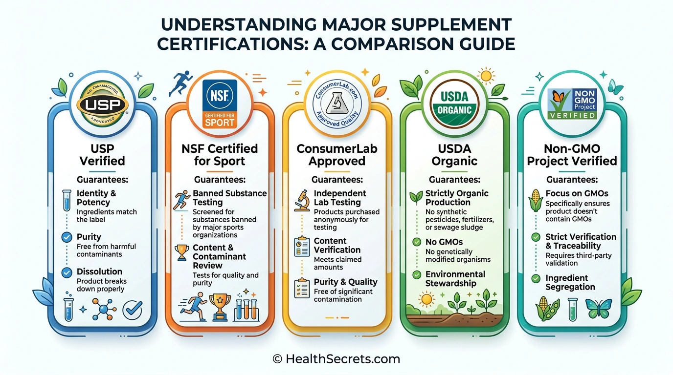 Comparison of supplement quality certifications including USP NSF ConsumerLab and USDA Organic