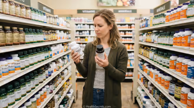 Person critically examining supplement bottles in a pharmacy aisle to separate supplement myths from facts