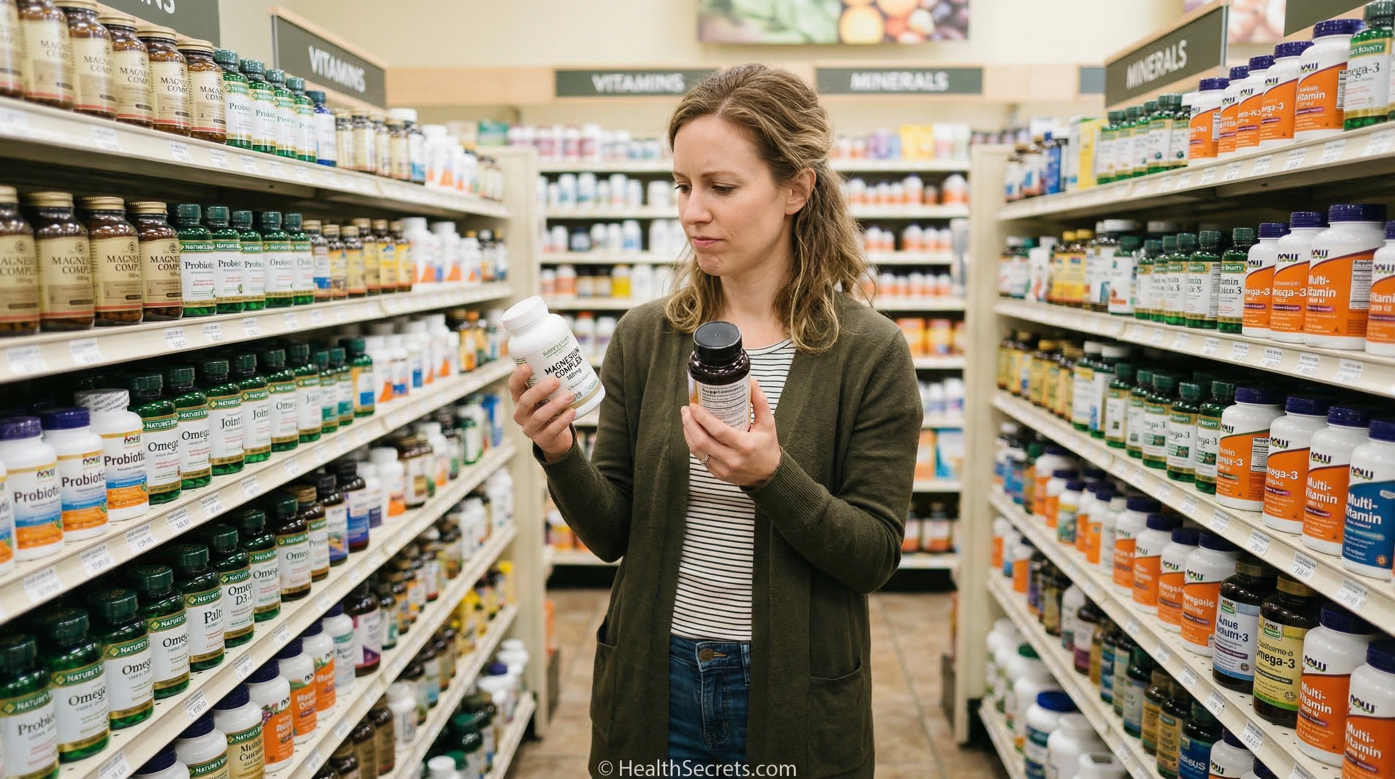 Person critically examining supplement bottles in a pharmacy aisle to separate supplement myths from facts