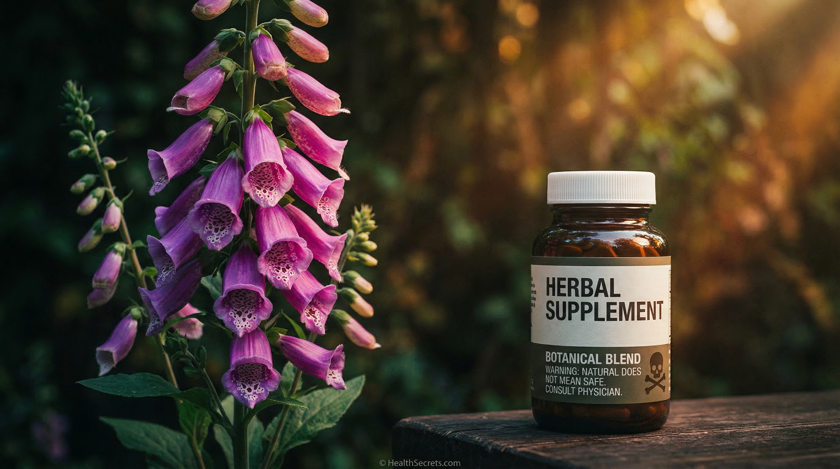 Beautiful but toxic natural plant next to a supplement bottle illustrating that natural supplements are not automatically safe