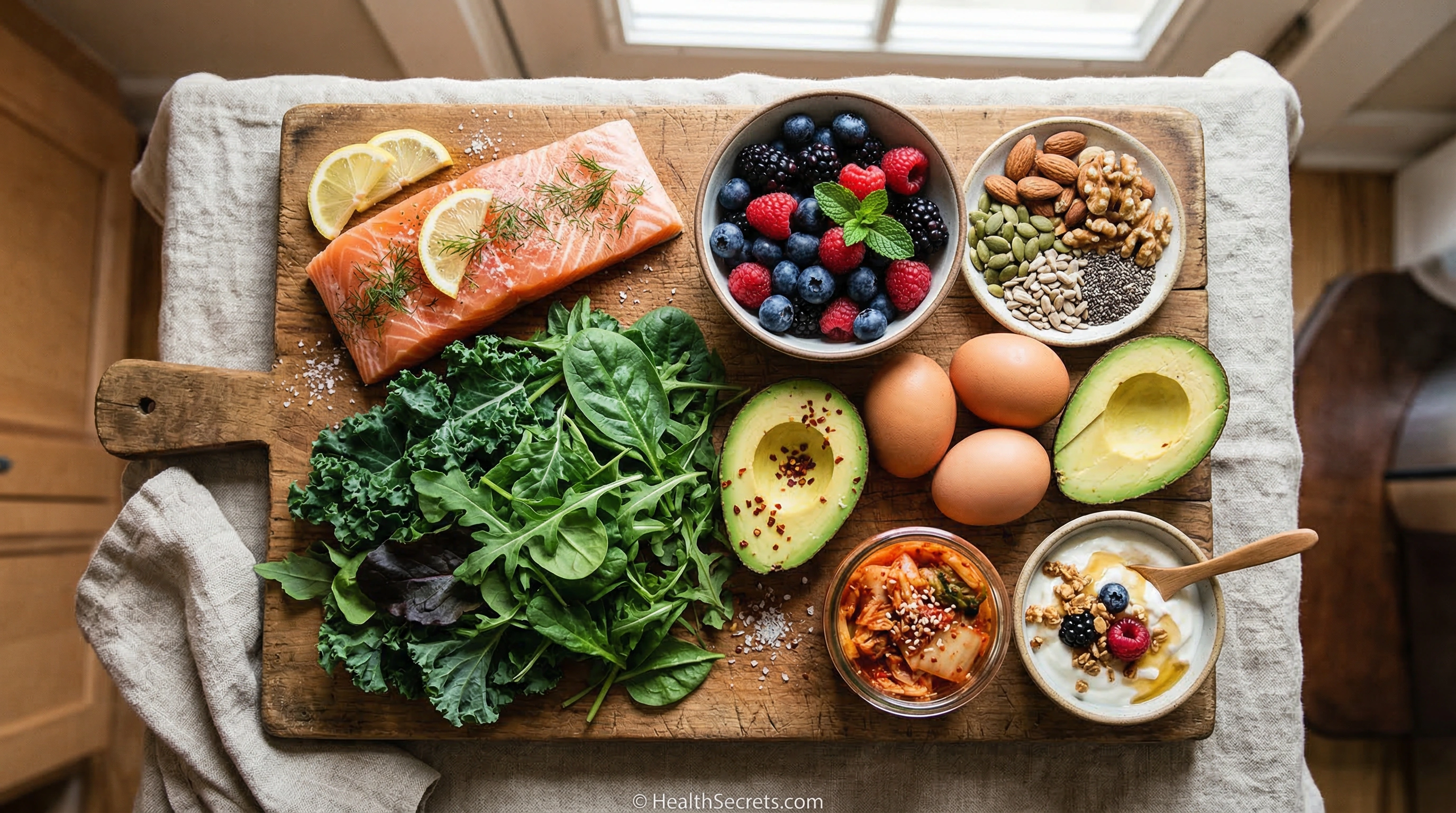 Overhead view of nutrient-dense whole foods including salmon leafy greens berries nuts and fermented foods that provide nutrients supplements cannot fully replace