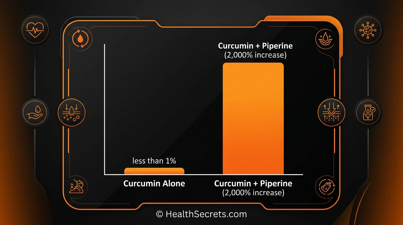 Chart comparing curcumin bioavailability showing 2000 percent increase when combined with piperine from black pepper