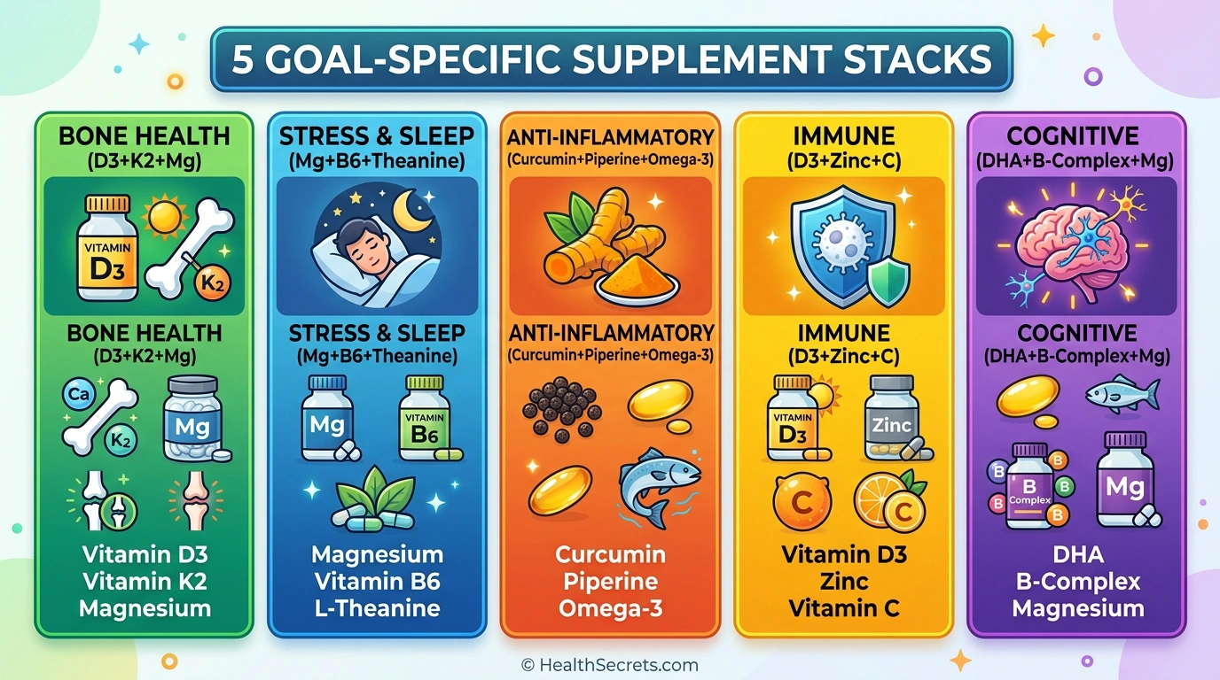 Five evidence-based supplement stacking protocols for bone health, stress, inflammation, immune support, and cognitive function