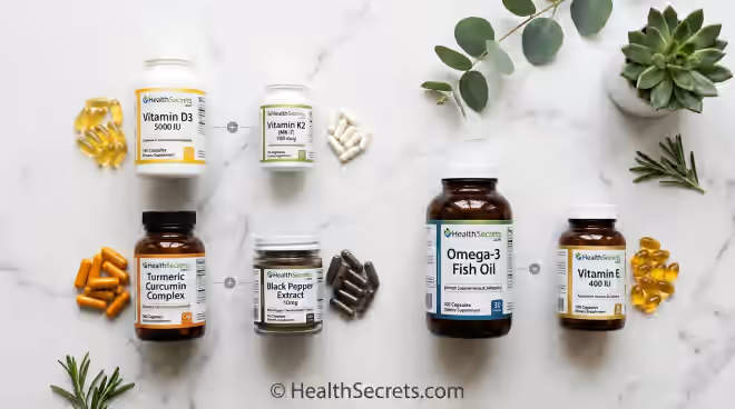 Supplement stacking guide showing synergistic supplement combinations arranged strategically for maximum health benefit