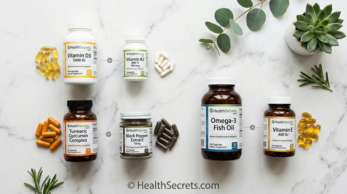 Supplement stacking guide showing synergistic supplement combinations arranged strategically for maximum health benefit