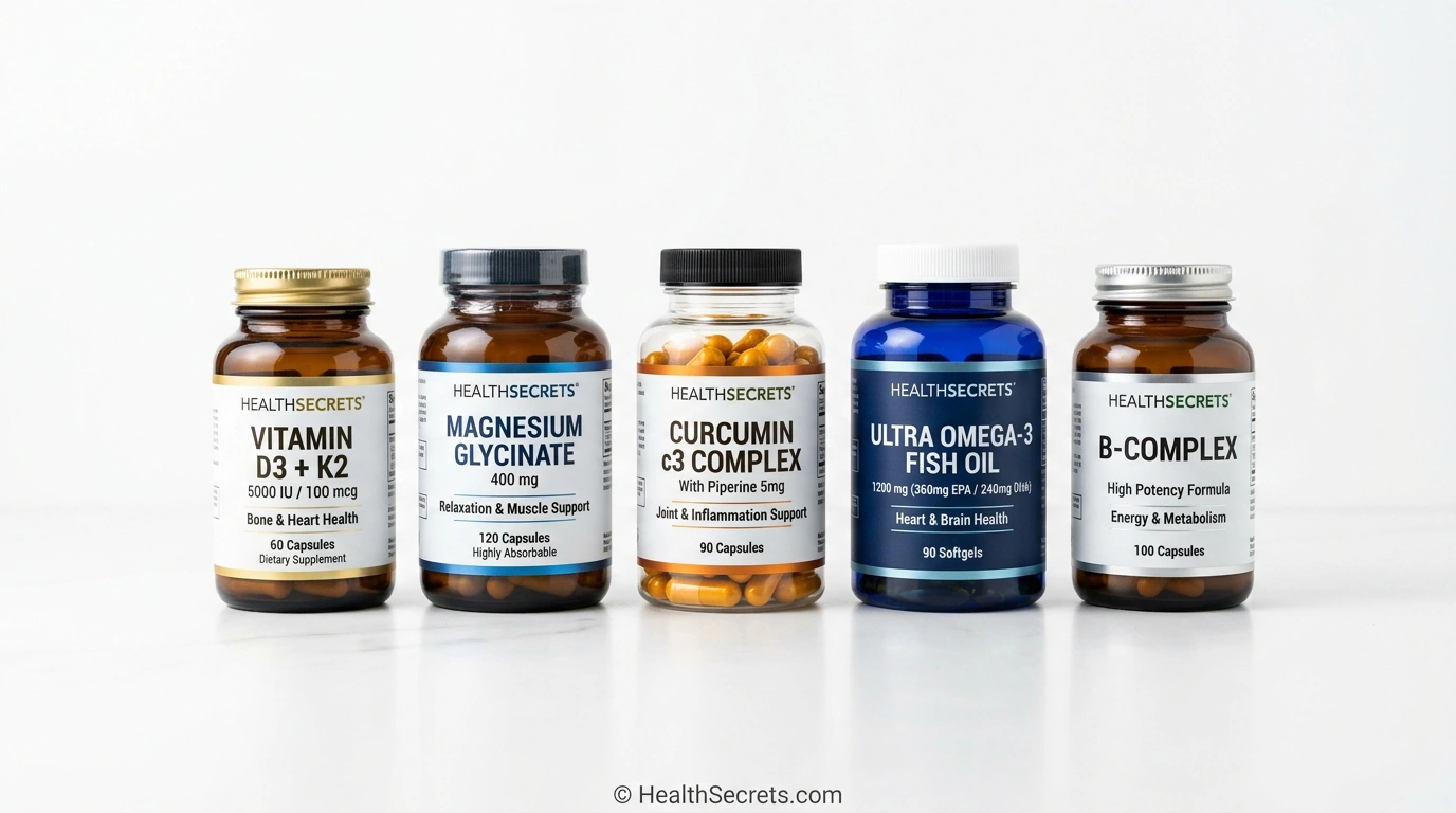 Best supplement stacking products including vitamin D3 K2 combo, magnesium glycinate, curcumin with piperine, and omega-3 fish oil