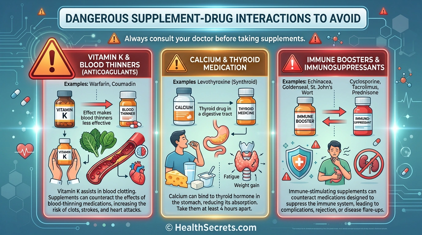 Warning infographic showing dangerous supplement and drug interactions including blood thinners and vitamin K