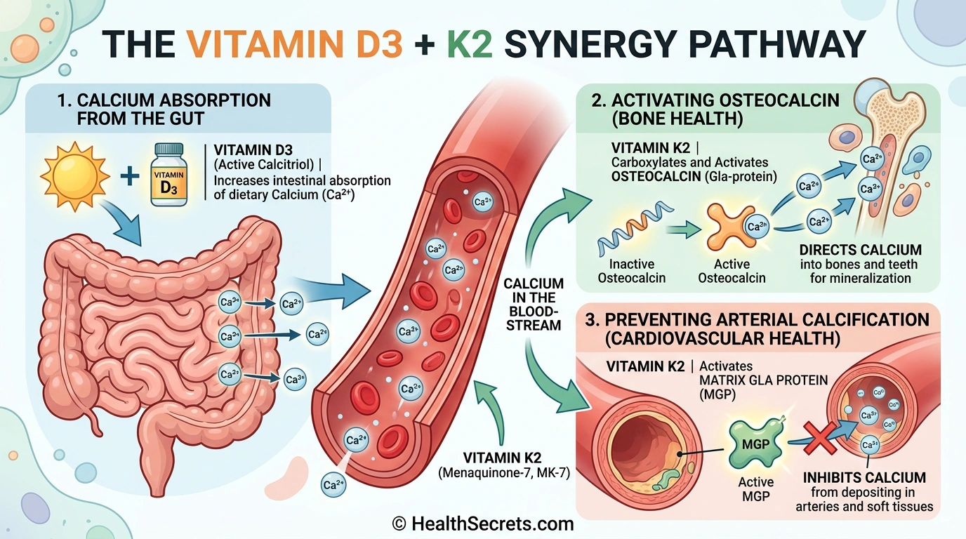 Infographic showing how vitamin D3 and K2 work synergistically to direct calcium to bones and away from arteries