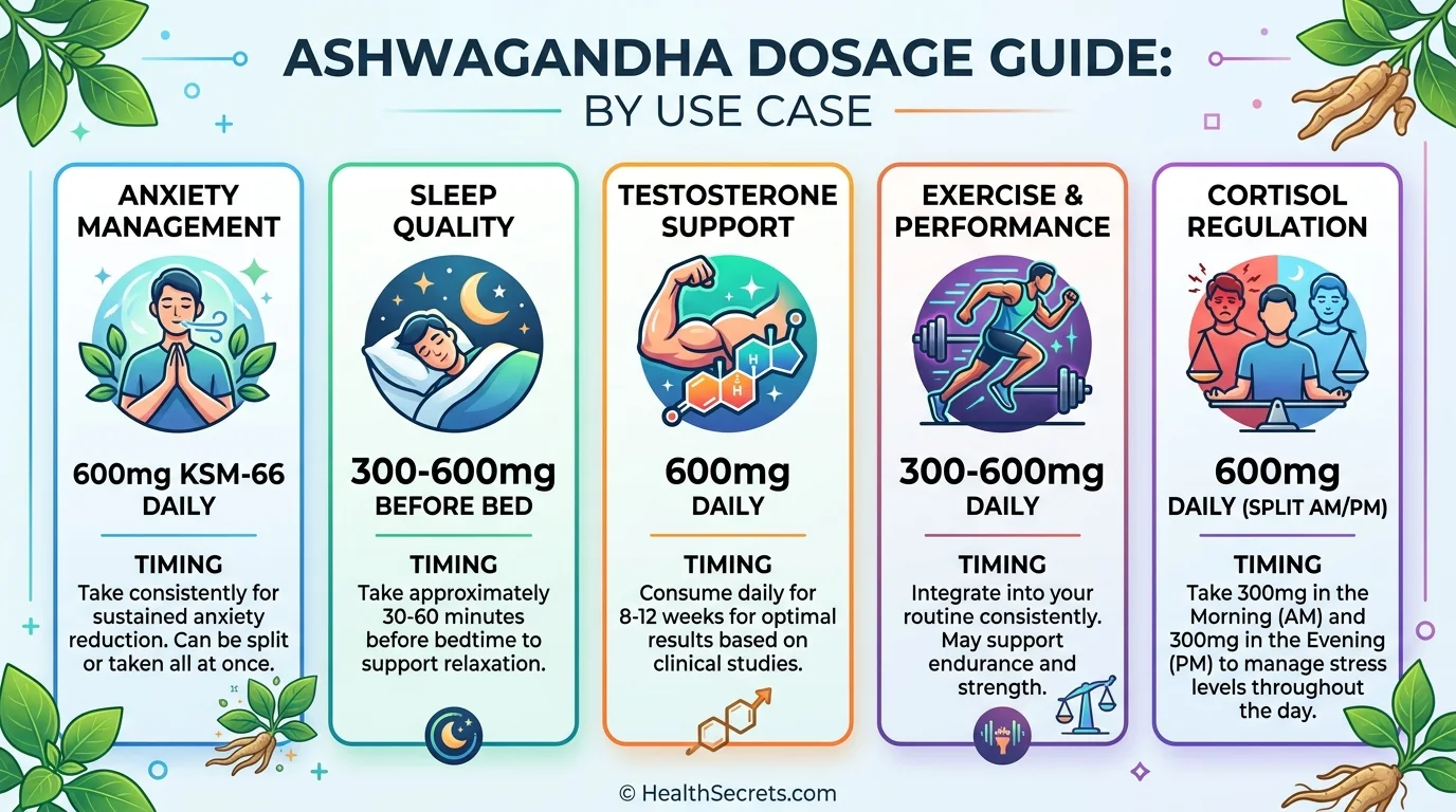 Ashwagandha dosing guide by use case including anxiety, sleep, testosterone, and exercise