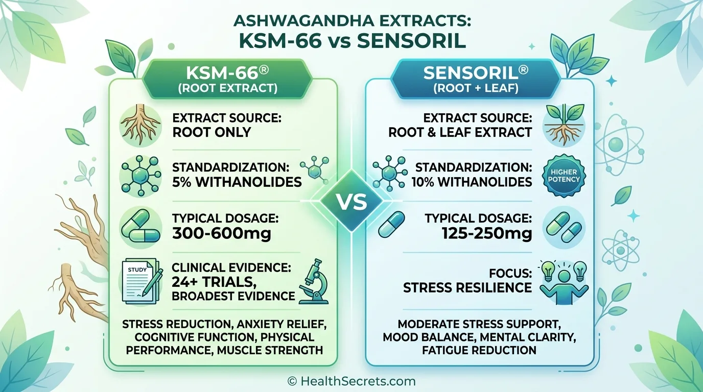 Detailed comparison of KSM-66 versus Sensoril ashwagandha extracts with evidence and dosing